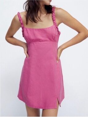 Zara Hot Pink Braided-Strap Linen Mini Dress
